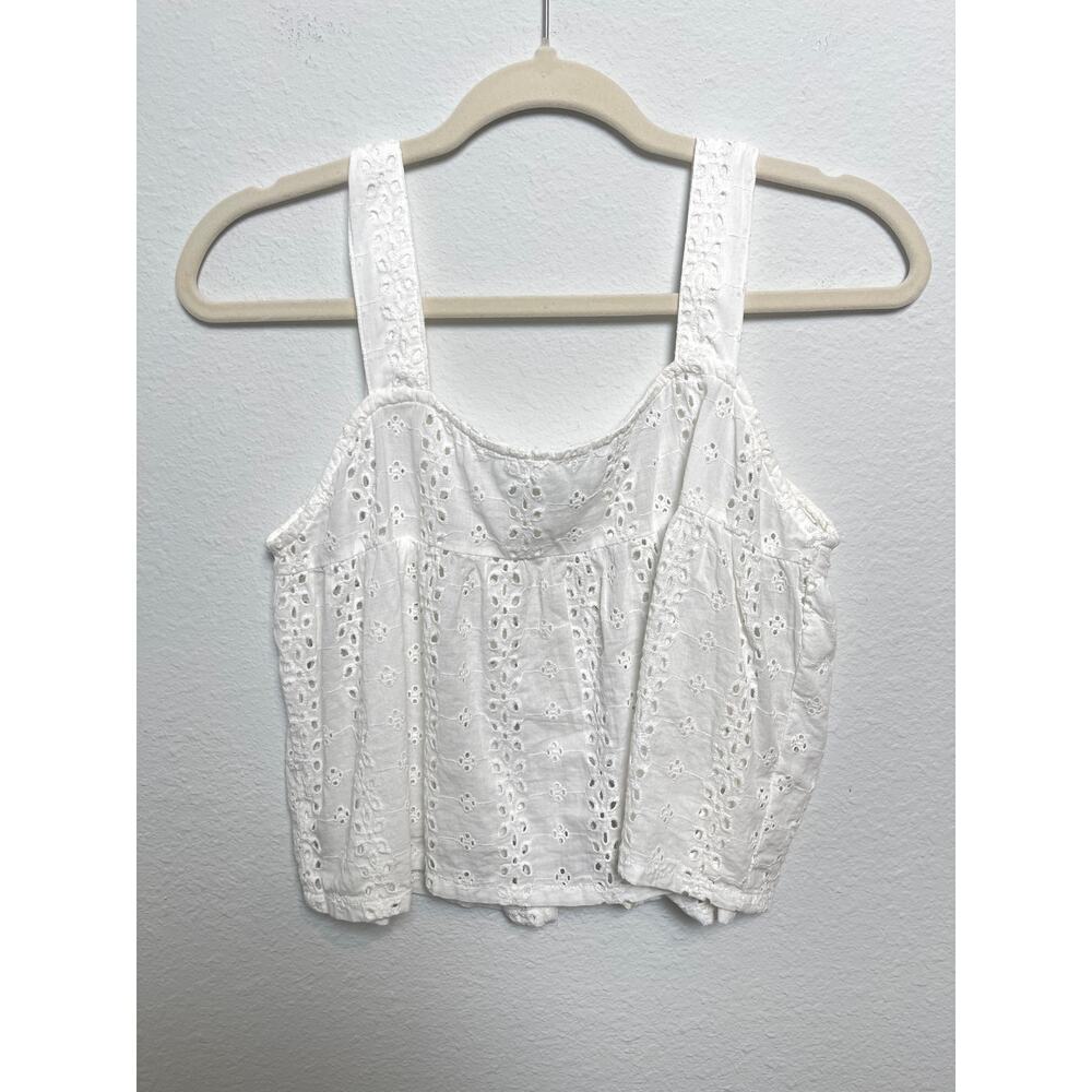 White Eyelet Lace Crop Tank Top Cottagecore Boho Button Back Cotton Soft Girl